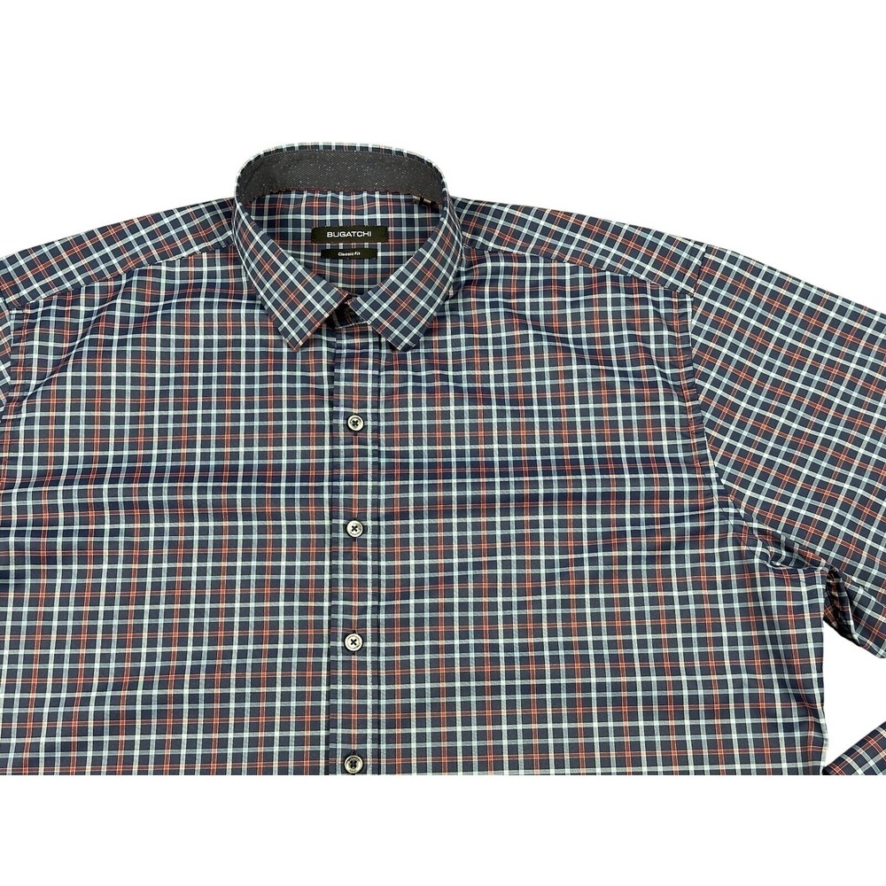 Bugatchi Classic Fit Button Up Shirt Men's XL Night Blue Red Plaid Long Sleeve